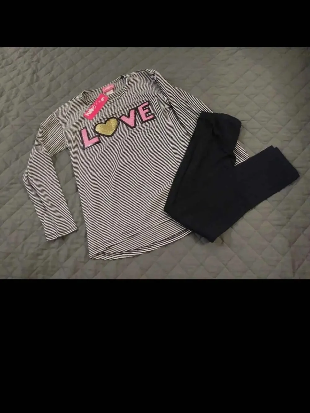 Girls Striped 'LOVE' Top and Black Leggings Matching Set